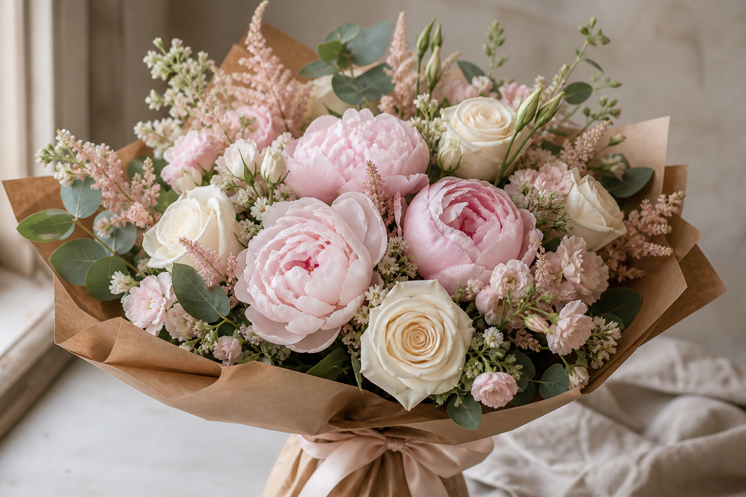 Soft seasonal bouquet with eucalyptus