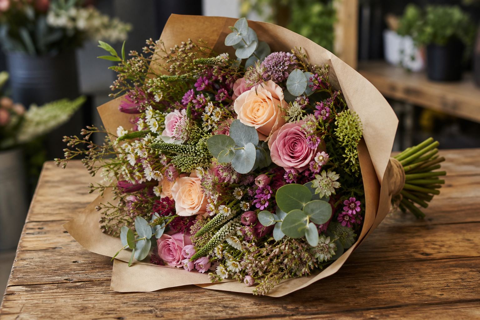 Market-style bouquet wrapped in kraft paper