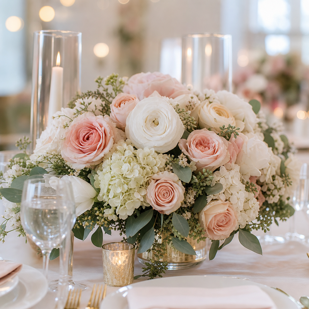 Wedding table centrepiece with blush roses